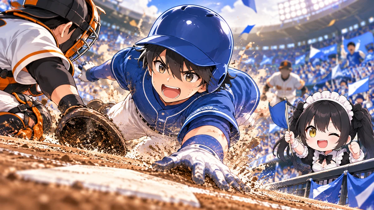 DeNA、巨人を4対1で破りCSファイナルへを題材に、記事に関係する場面や物とミオを描いた専用イメージイラスト