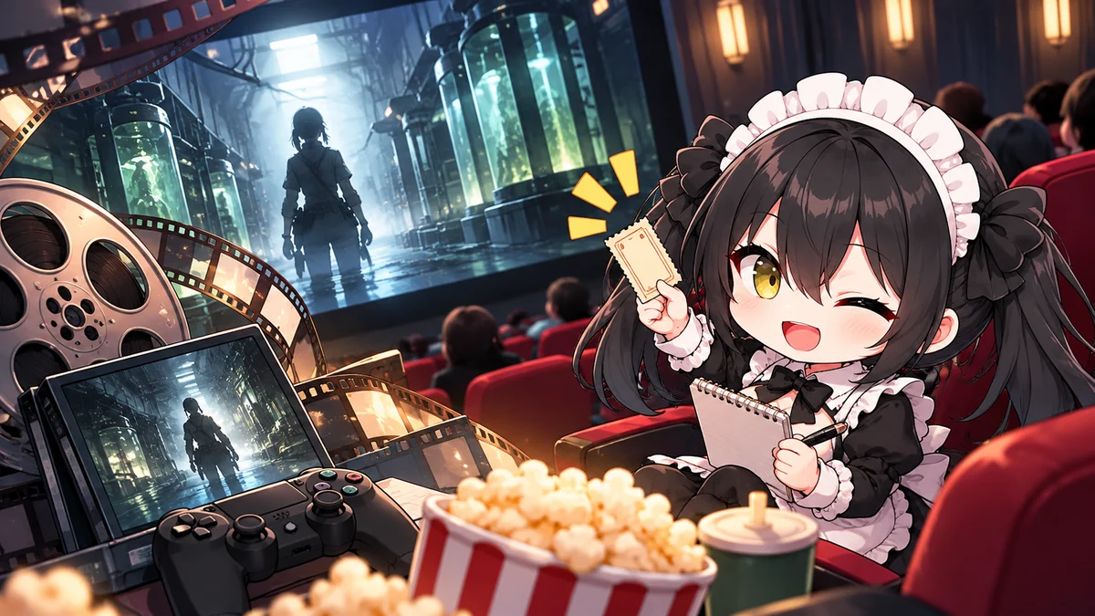 映画「バイオハザード」、ゲームとの相乗効果を紹介を題材に、記事に関係する場面や物とミオを描いた専用イメージイラスト