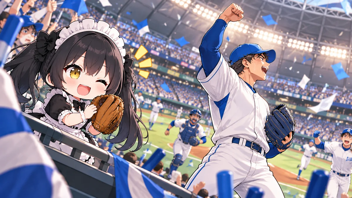 日本ハム、西武に4対1で勝ちCSファイナル進出を題材に、記事に関係する場面や物とミオを描いた専用イメージイラスト