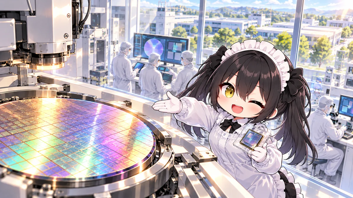 Applied Materials、50億ドル規模の半導体研究拠点を公開を題材に、記事に関係する場面や物とミオを描いた専用イメージイラスト