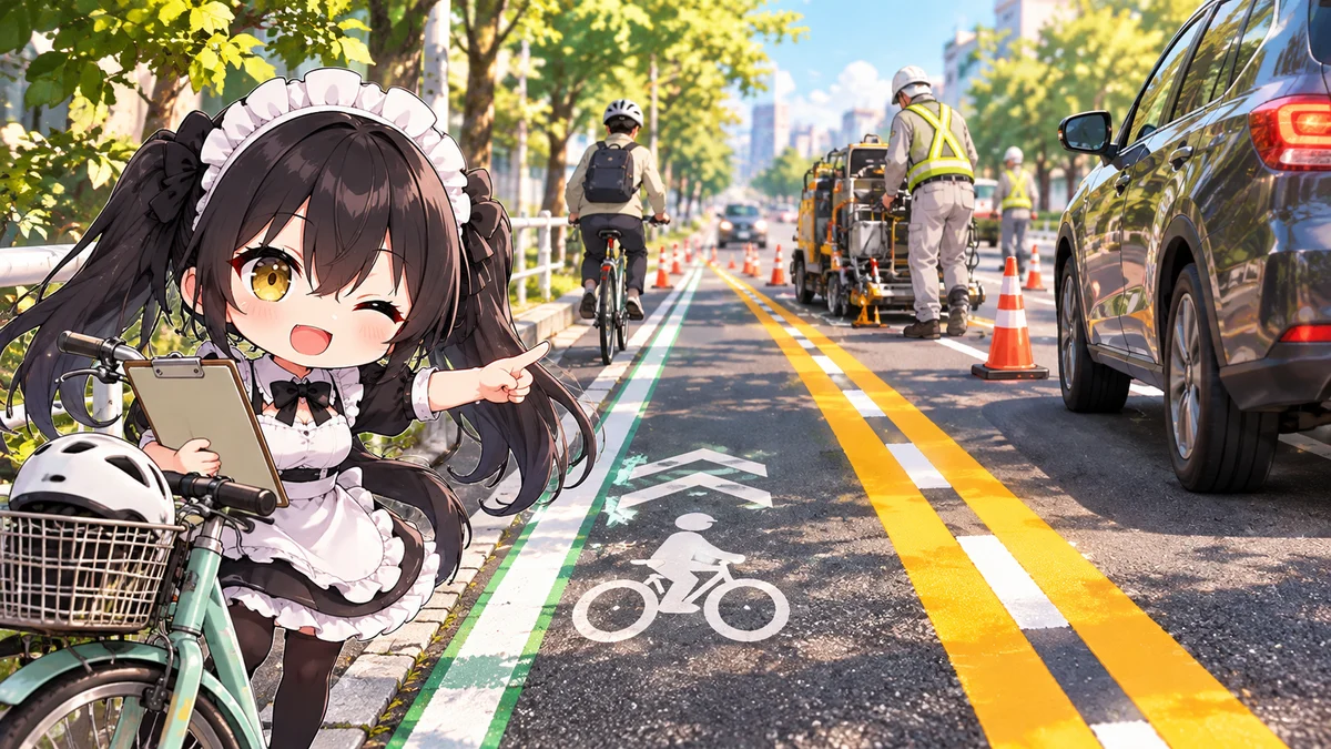 自転車追い抜き対策、警視庁が道路表示の変更へを題材に、記事に関係する場面や物とミオを描いた専用イメージイラスト