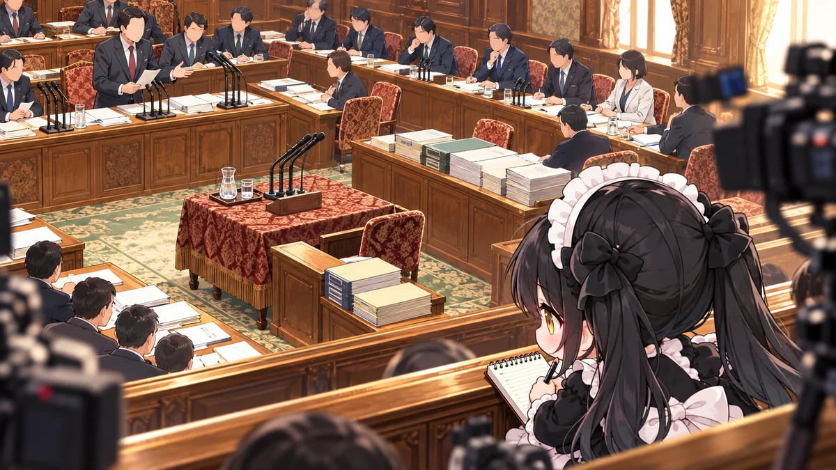 衆院予算委が始動、簗農水相の発言を追及を題材に、記事に関係する場面や物とミオを描いた専用イメージイラスト