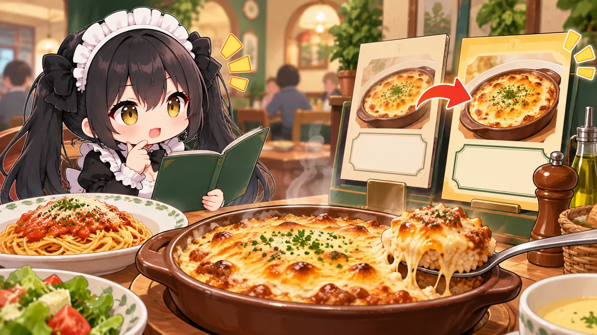 サイゼリヤ、29日からの価格改定を発表を題材に、記事に関係する場面や物とミオを描いた専用イメージイラスト