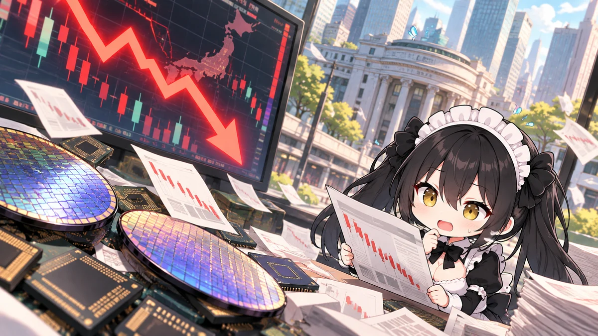 日経平均が3,318円下落、終値は6万4,425円を題材に、記事に関係する場面や物とミオを描いた専用イメージイラスト