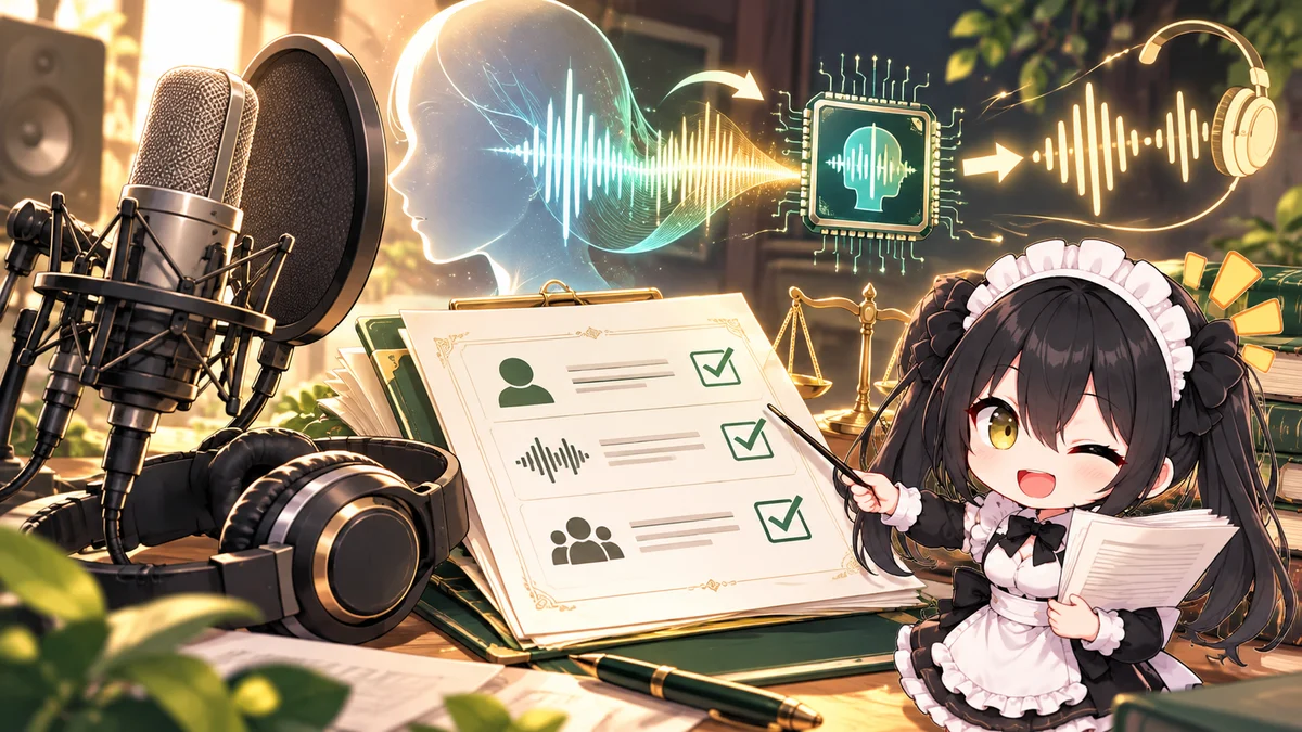 日俳連、声の生成AI利用に向けた自主ガイドラインを発表を題材に、記事に関係する場面や物とミオを描いた専用イメージイラスト