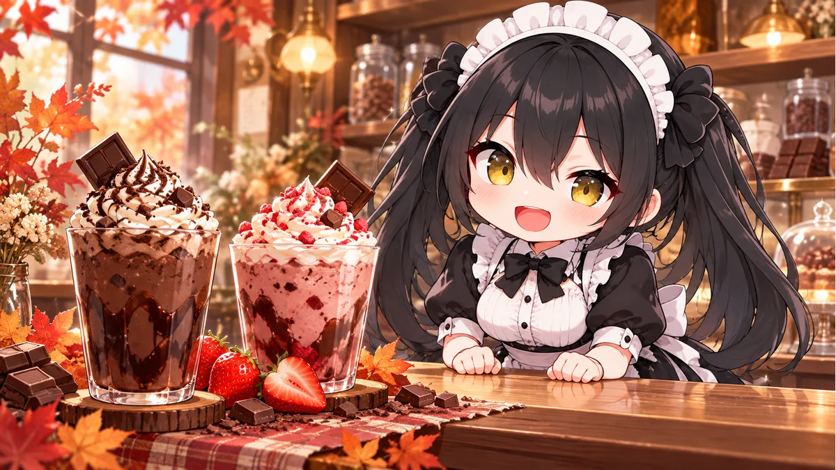 チョコレートとストロベリーを象徴する飲料をカフェで案内するミオのイメージイラスト。実際の商品パッケージや原材料の再現ではありません。