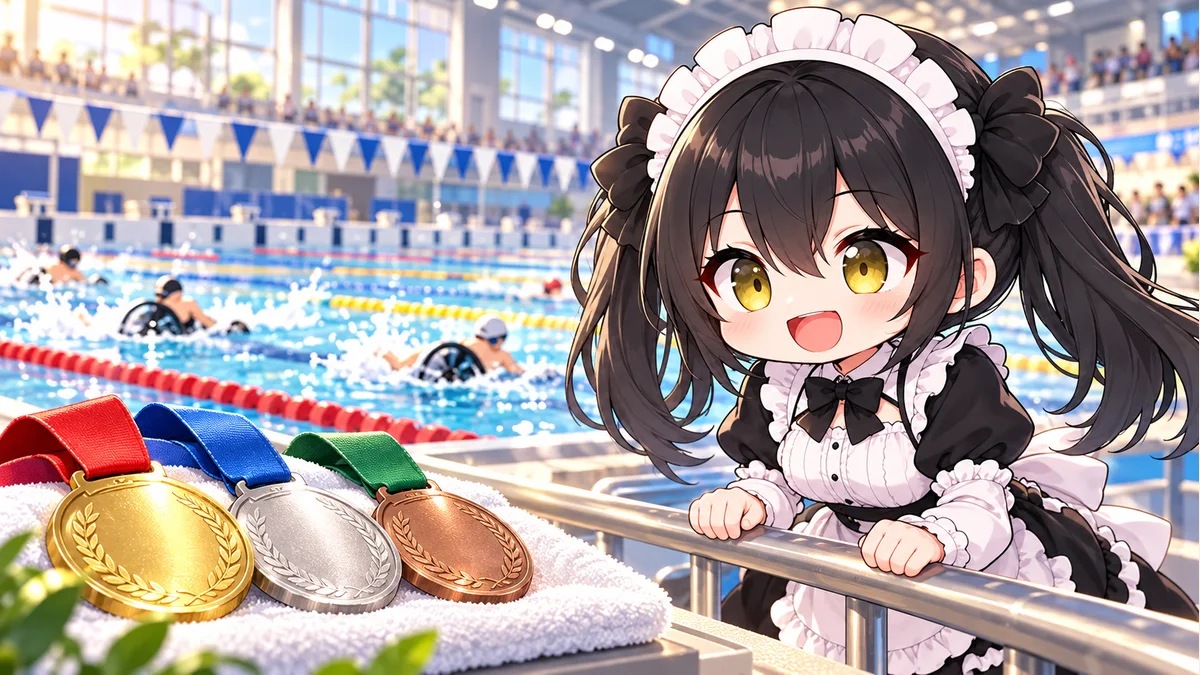 水泳プールとメダルを背景に応援するミオのイメージイラスト。実在の選手の肖像や公式メダルの再現ではありません。