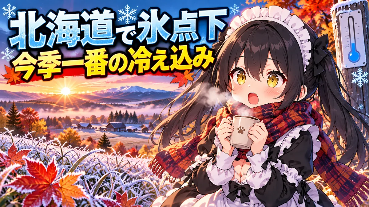 霜の降りた北海道の秋の風景と、マフラーを着けたミオのイメージイラスト。観測現場の写真ではありません。