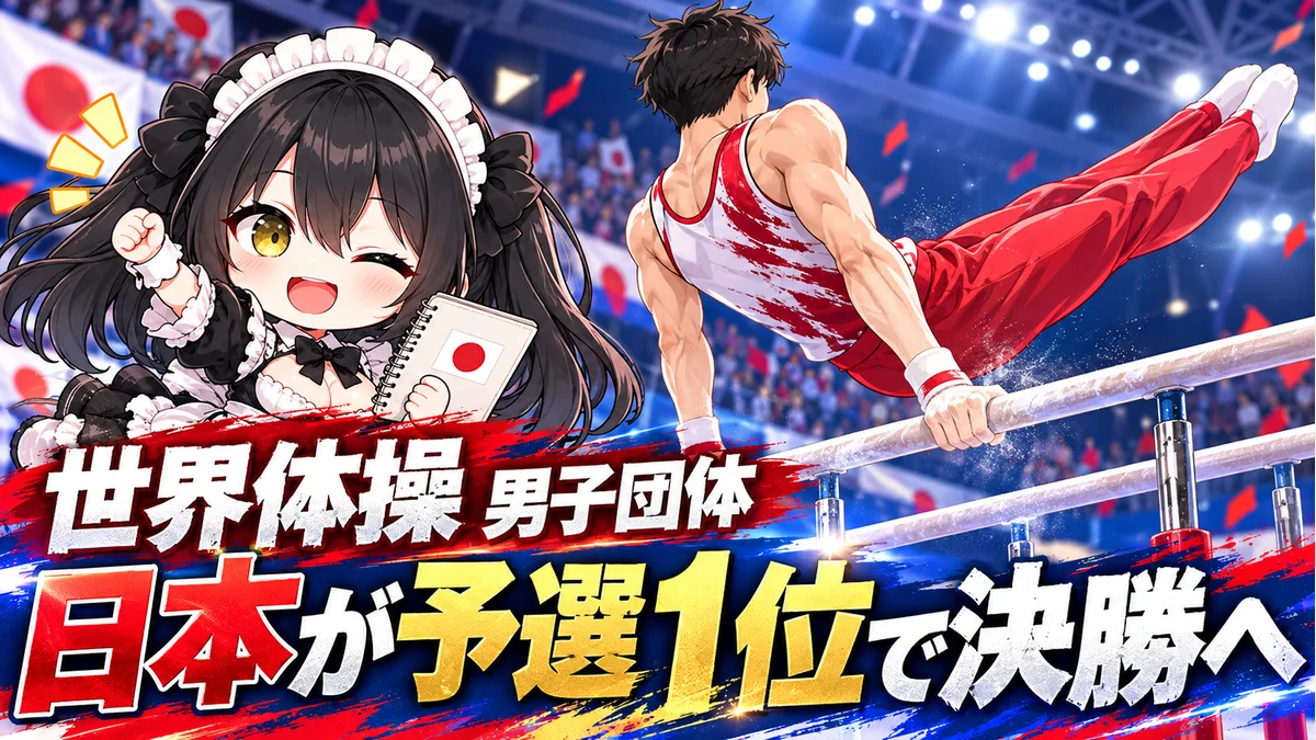 平行棒で演技する匿名の成人選手と、応援するミオのイメージイラスト。実際の日本代表選手の容姿や演技場面の再現ではありません。