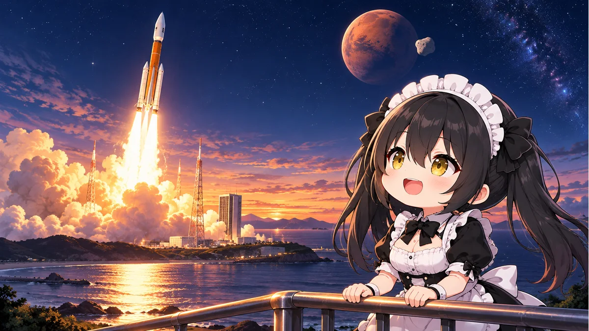 早朝の海辺から上昇するロケットと見守るミオ、火星と衛星を象徴的に描いたイメージイラスト。実写や機体の設計図ではありません。