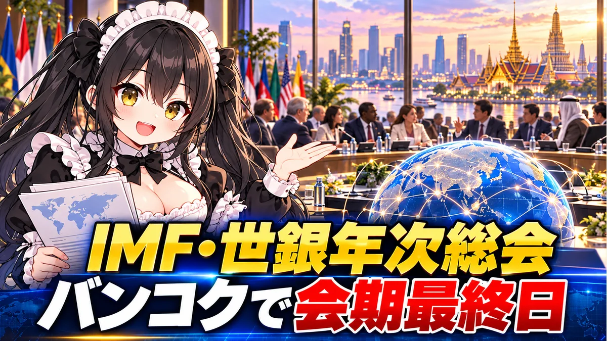 地球儀とバンコクの街並み、会議資料を読むミオのイメージイラスト。実際の会議出席者や会場の再現ではありません。