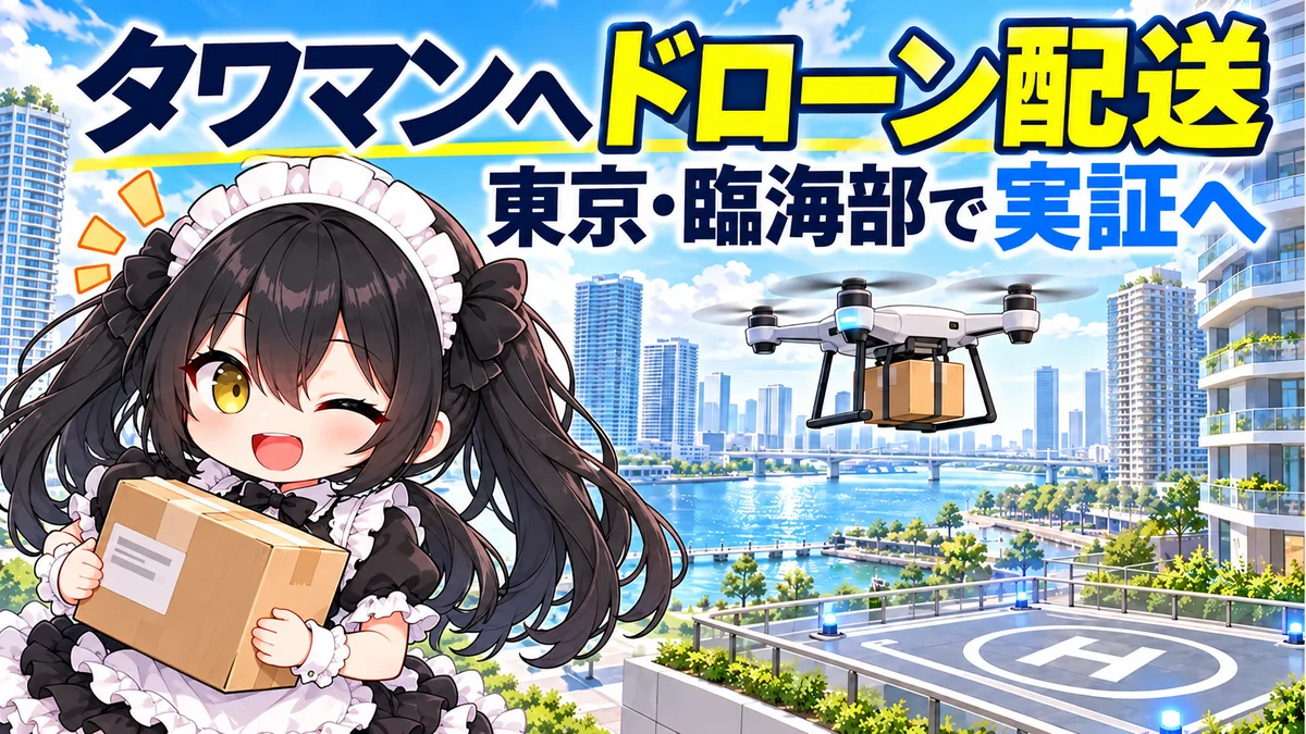 臨海部の高層住宅と荷物を運ぶドローン、実証計画を案内するミオのイメージイラスト。実際の機体や飛行ルートの再現ではありません。