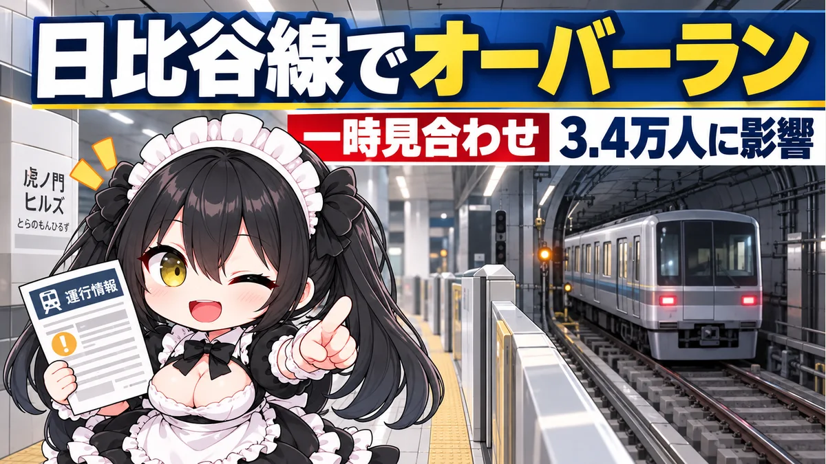 地下鉄のホーム先で停車する列車と、運行案内を確認するミオのイメージイラスト。実際の停止位置や車両を再現したものではありません。