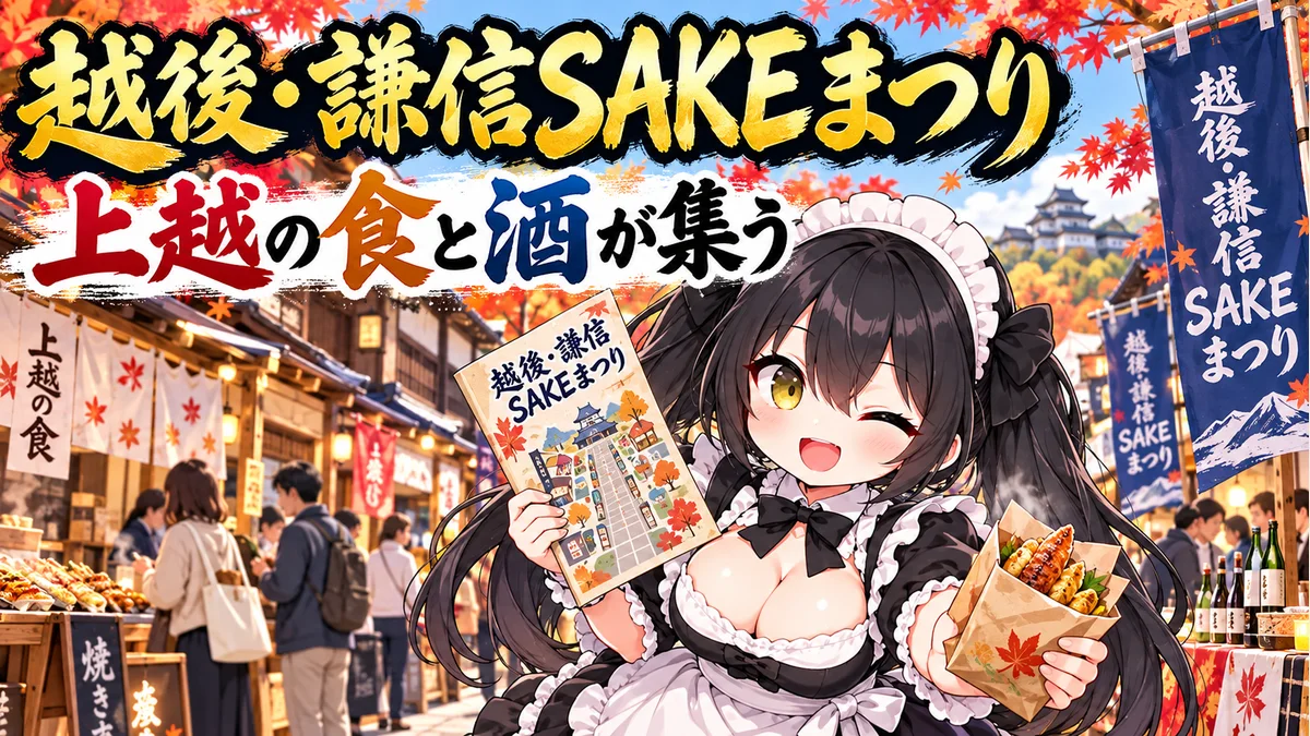 上越の秋の商店街と食・酒の展示、案内図を持つミオのイメージイラスト。実際のブース配置や来場者を再現したものではありません。