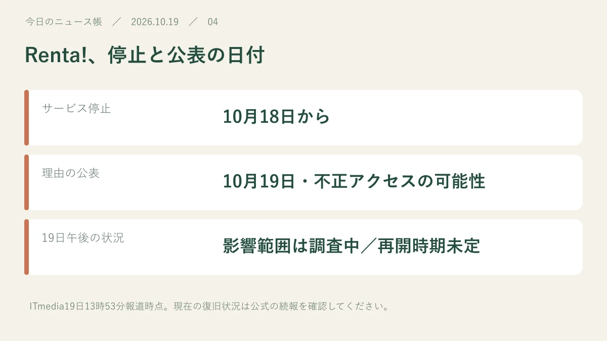 サービス停止:10月18日から。理由の公表:10月19日・不正アクセスの可能性。19日午後の状況:影響範囲は調査中/再開時期未定