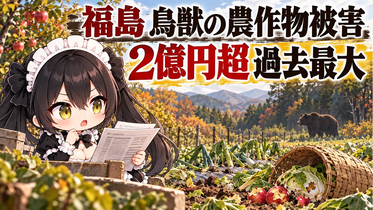 農作物のある畑と森の境にいるクマ、農業の資料を見るミオのイメージイラスト。実際の出没場所や被害現場の写真ではありません。